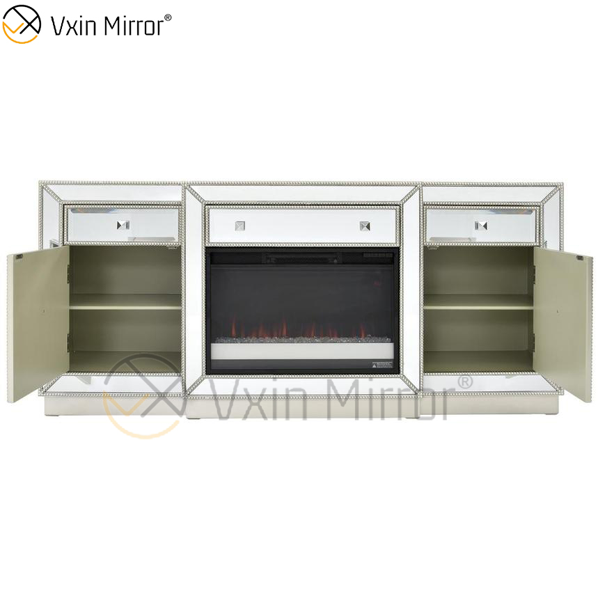 Muebles de espejo Vxin, soportes de TV para chimenea con espejo de champán y diamante triturado, soportes de armario con inserto de cristal