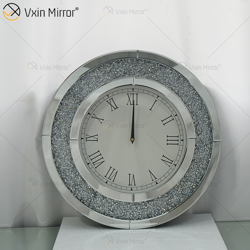 Reloj de pared con espejo redondo de diamante triturado WXMC-010 de plata moderna de gran oferta