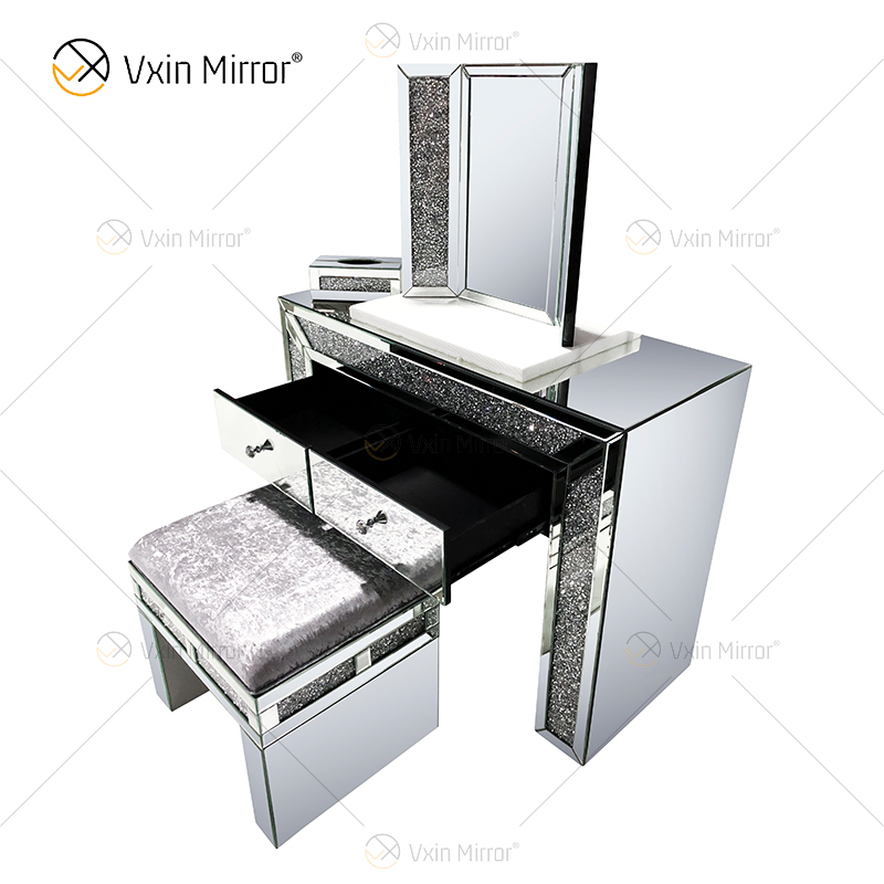 Taburete de tocador de plata de diamante triturado moderno de venta caliente 2 cajones con espejo de cuerpo entero
