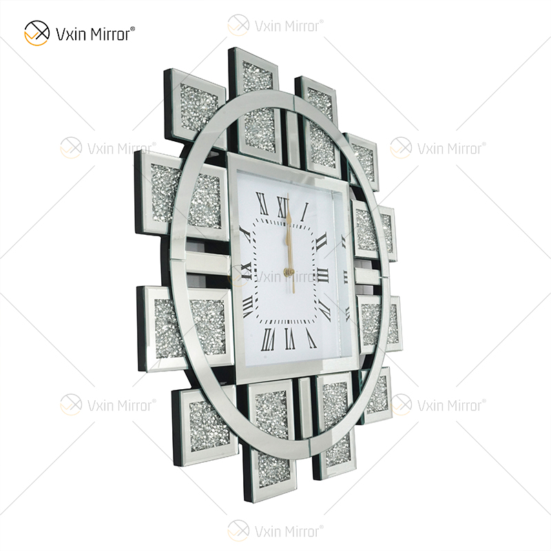 Venta al por mayor WXMC-082 reloj espejado diamante triturado plata decoración de pared elegante reloj de espejo redondo de lujo