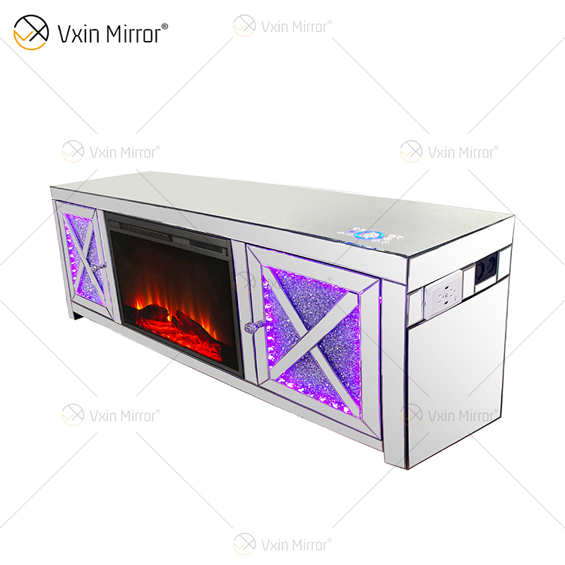 WXF-1054 Silver Crystal LED Mirrored Chimenea TV Stands Gabinete con Blue-tooth y Speaker Mirror TV Stand
