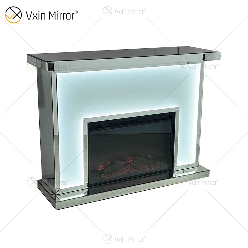 Nuevo diseño WXMF-096 LED plata vidrio esmerilado salón espejo chimenea con inserto interior
