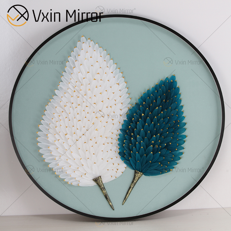 Venta al por mayor, minimalismo moderno, pintura blanca y azul, arte de pared de cristal redondo de lujo en la sala de estar, arte de pared con espejo