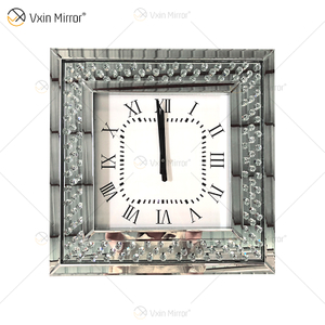 Barato WXMC-003 reloj espejo moderno reloj de pared de espejo de diamante machacado decorativo plateado
