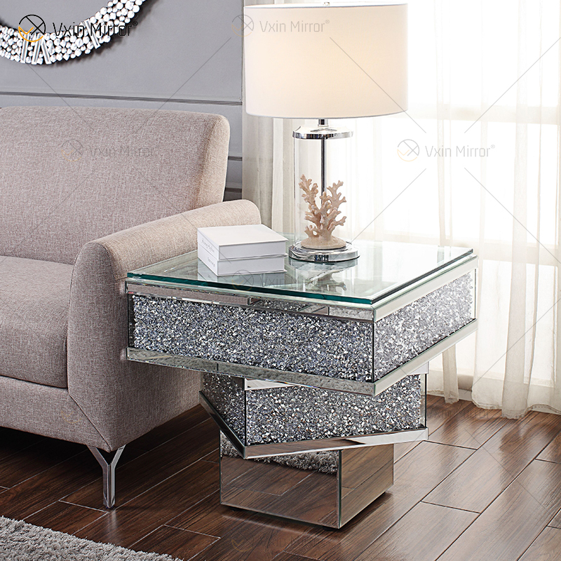 Vxin WXF-158-1 Mesa auxiliar de vidrio templado con espejo plateado y mesa auxiliar de diamante triturado 3D