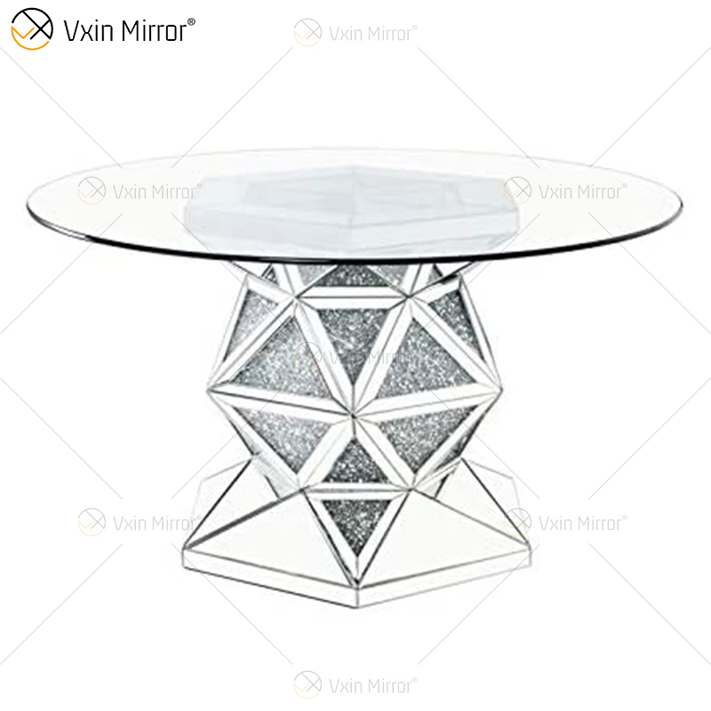 2020 Nuevo diseño WXF-160 Mesa de comedor plateada redonda de diamante triturado con tablero de vidrio templado