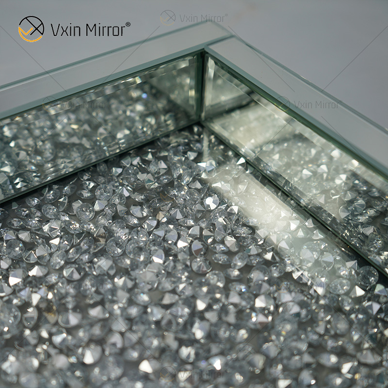 Suministro de fábrica WXMT-016 Bandeja rectangular con espejo de diamante triturado de plata con decoración moderna