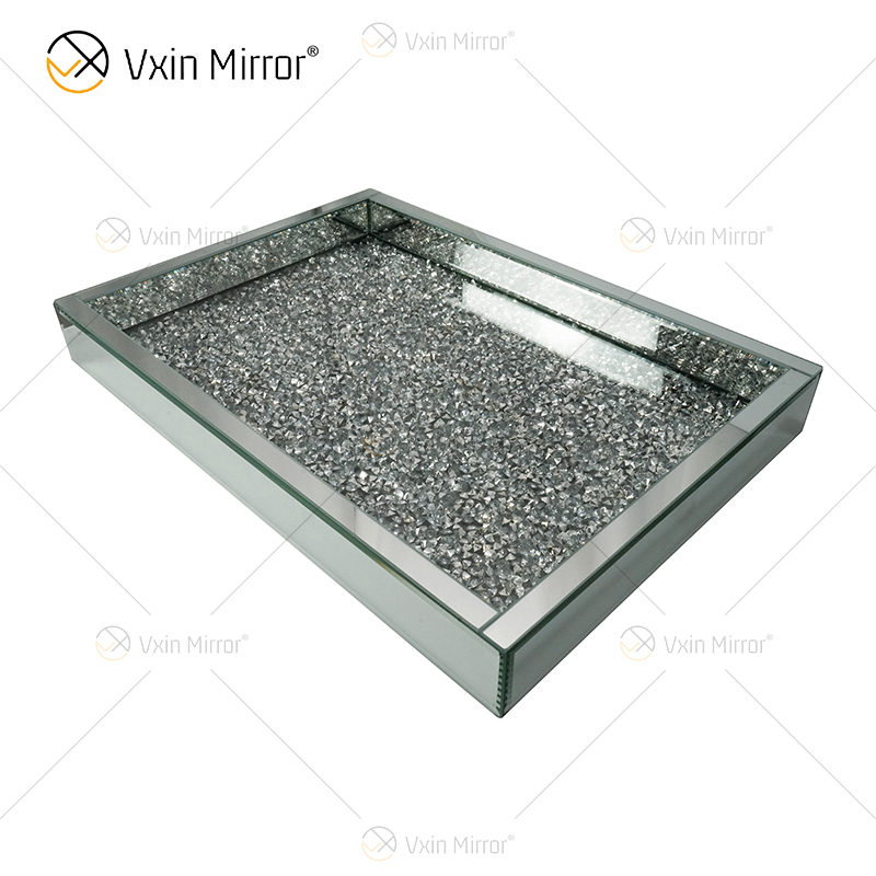 Suministro de fábrica WXMT-016 Bandeja rectangular con espejo de diamante triturado de plata con decoración moderna