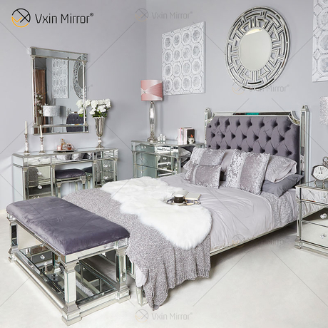 Vxin Antique Furniture WXWF-1082 Cama King Grace Champagne Silver Frame Mirrored Super Bed
