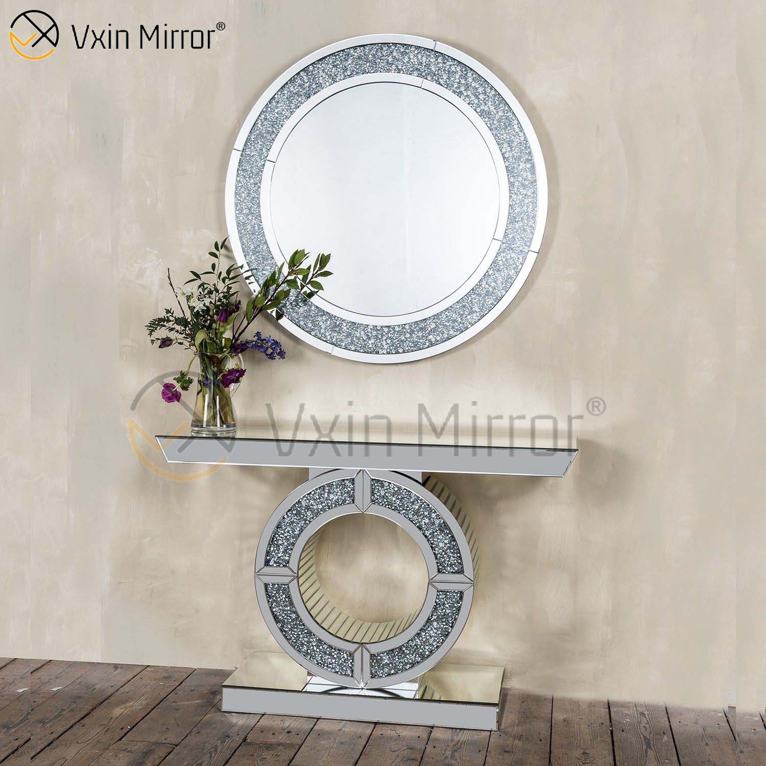 Nueva llegada fuente de fábrica Vxin moderna mesa de consola de cristal con espejo de diamante negro