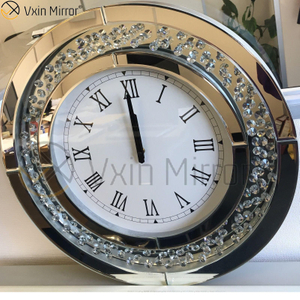 Redondo Grande Brillante Diamante triturado Biselado 50 cm Cristal flotante Reloj de pared con espejo plateado WXC-009