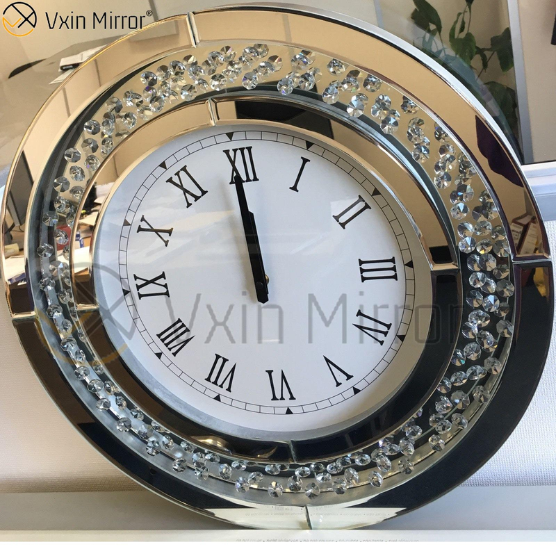 Redondo Grande Brillante Diamante triturado Biselado 50 cm Cristal flotante Reloj de pared con espejo plateado WXC-009
