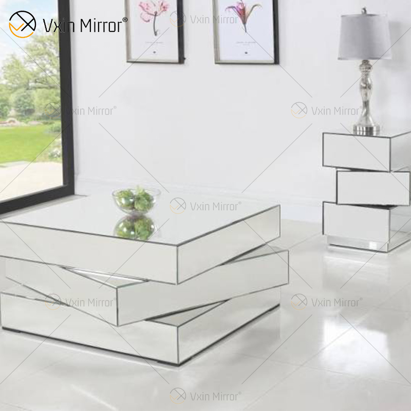Vxin WXF-2138 Mesa de centro con espejo de geometría de diamante triturado brillante en 3D plateada cubierta con diamantes