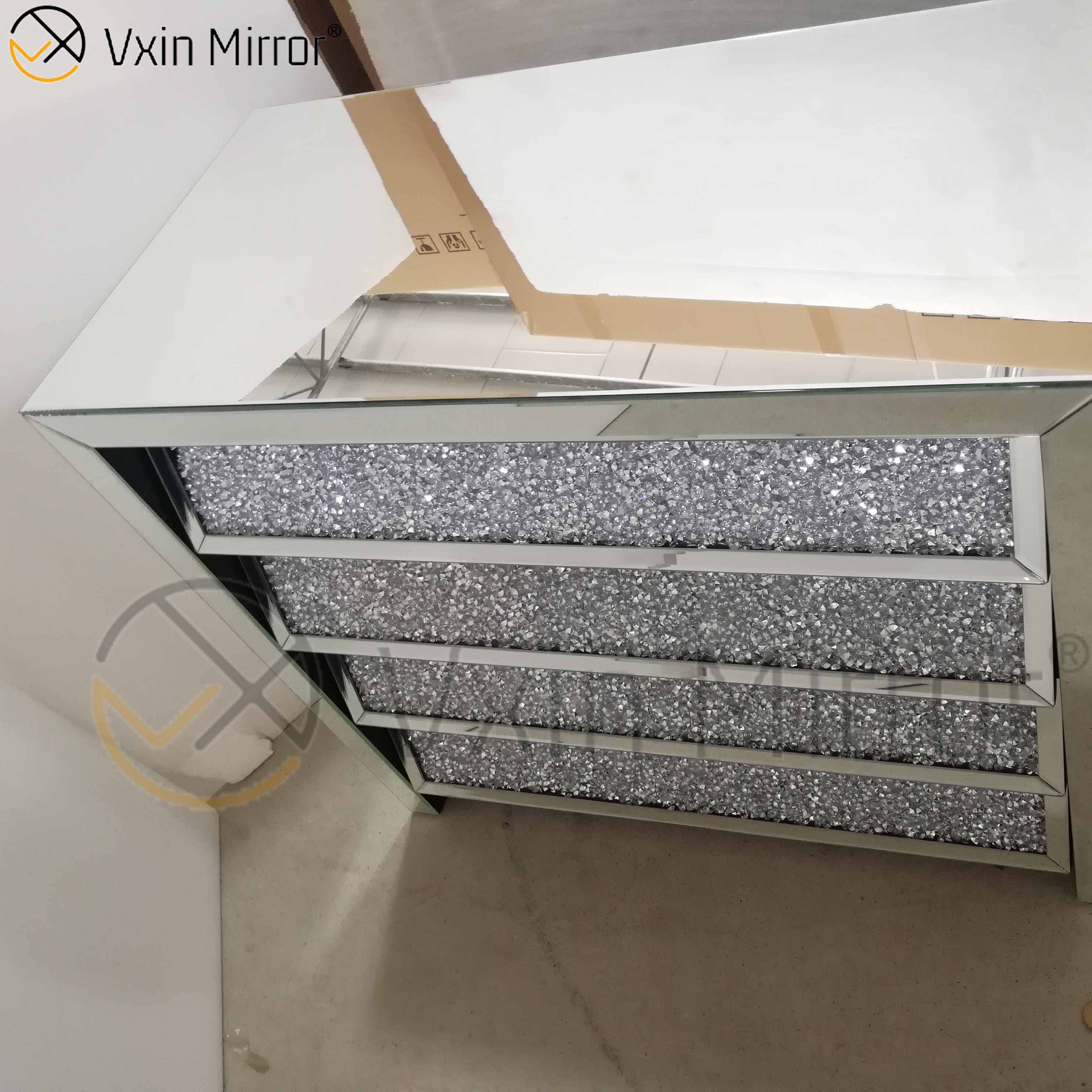 Vxin Silver WXF-706 aplastado con mesita de noche de diamante, mesita de noche biselada con mesita de noche con espejo de 4 cajones