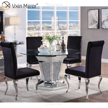 2020 Nuevo diseño WXF-100 Mesa de comedor plateada redonda de diamante triturado con tablero de vidrio templado