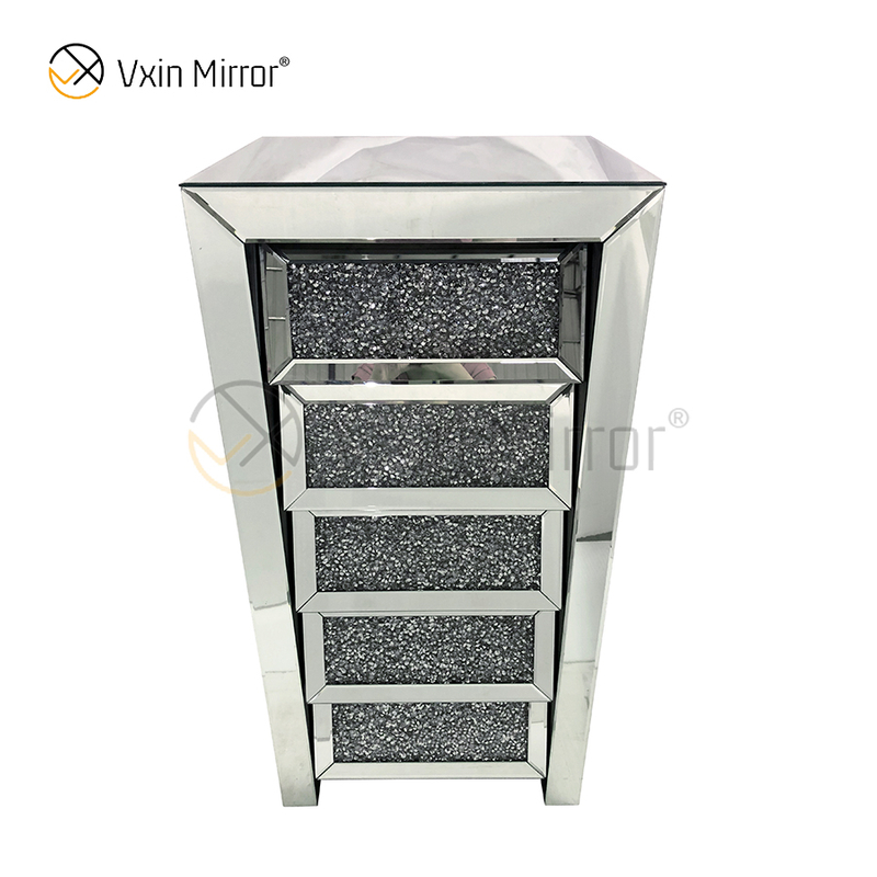 Vxin Mirror Silver Crushed WXWF-707 Diamon Nightstand Bevel Mesita de noche con 5 cajones Mesita de noche con espejo