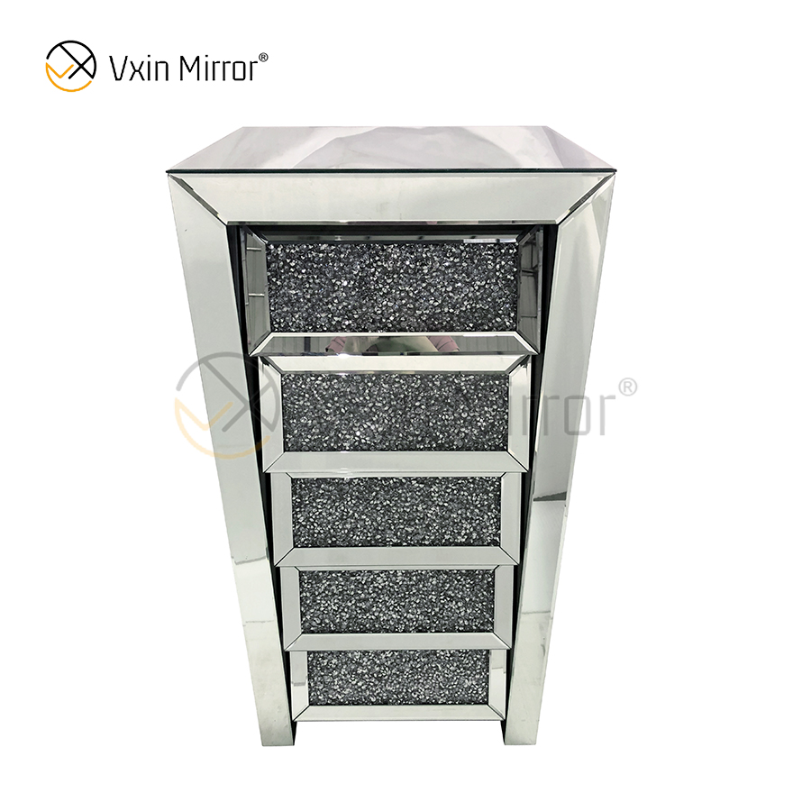 Vxin Mirror Silver Crushed WXWF-707 Diamon Nightstand Bevel Mesita de noche con 5 cajones Mesita de noche con espejo