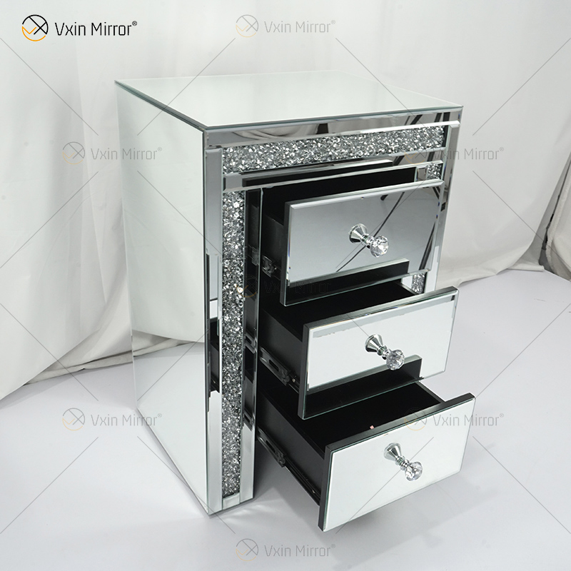 Vxin WXWF-716 Mesita de noche acrílica moderna para el hogar con 3 cajones Mesita de noche con espejo