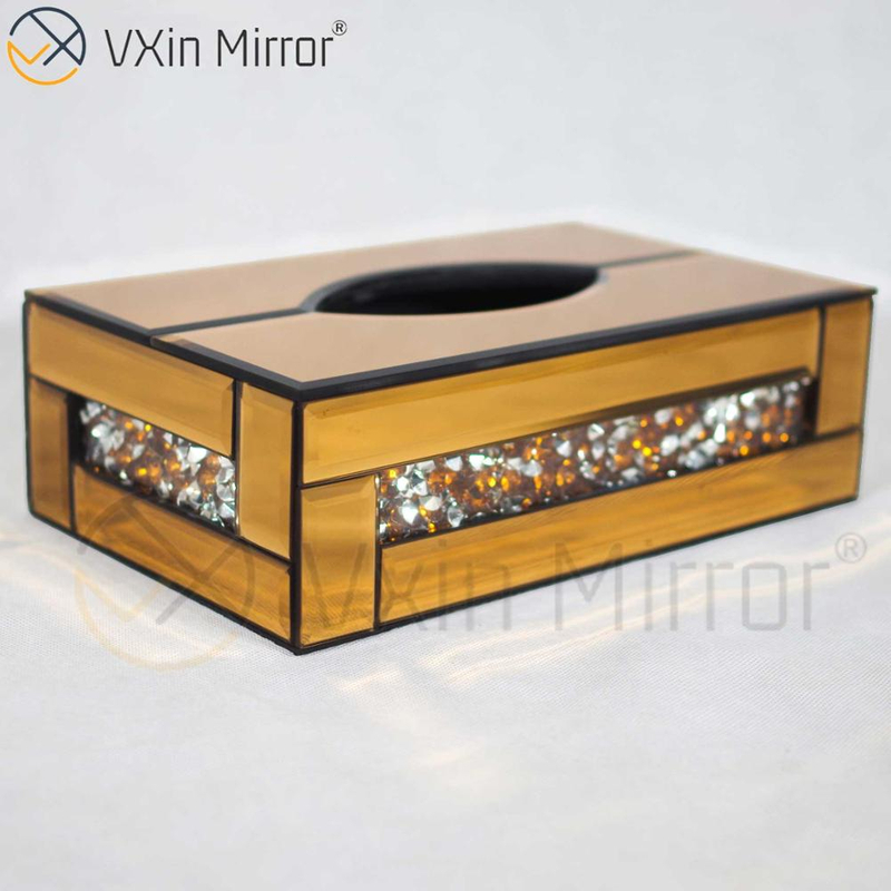 Vxin Mirror WXB-001 Caja de pañuelos con espejo de diamante triturado de vidrio de lujo marrón