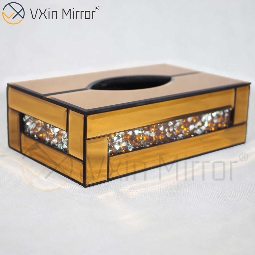Vxin Mirror WXB-001 Caja de pañuelos con espejo de diamante triturado de vidrio de lujo marrón