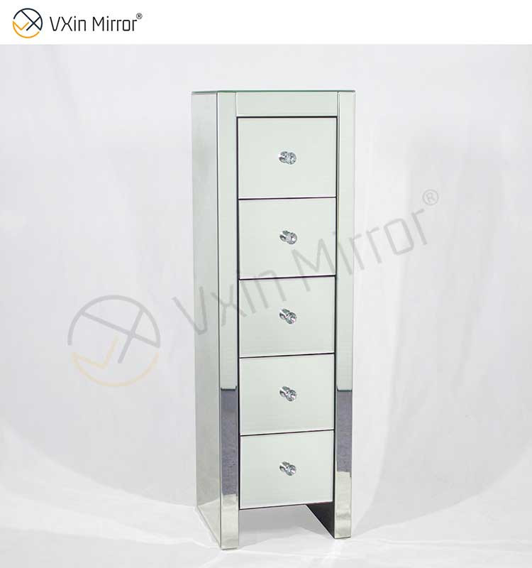Vxin Mirror WXF-006 Mesita de noche de cristal plateado con cinco cajones Mesita de noche con espejo