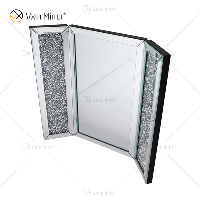 Nuevo diseño WXM-1790-1 decoración de pared columna de espejo de mesa de diamante triturado plateado