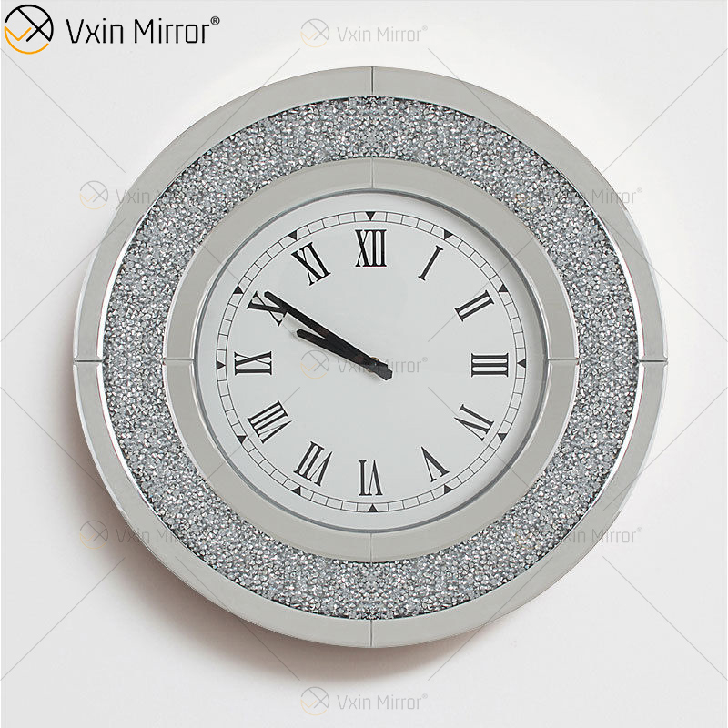 Reloj de pared con espejo redondo de diamante triturado WXMC-010 de plata moderna de gran oferta