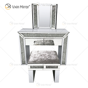 Taburete de tocador de plata de diamante triturado moderno de venta caliente 2 cajones con espejo de cuerpo entero