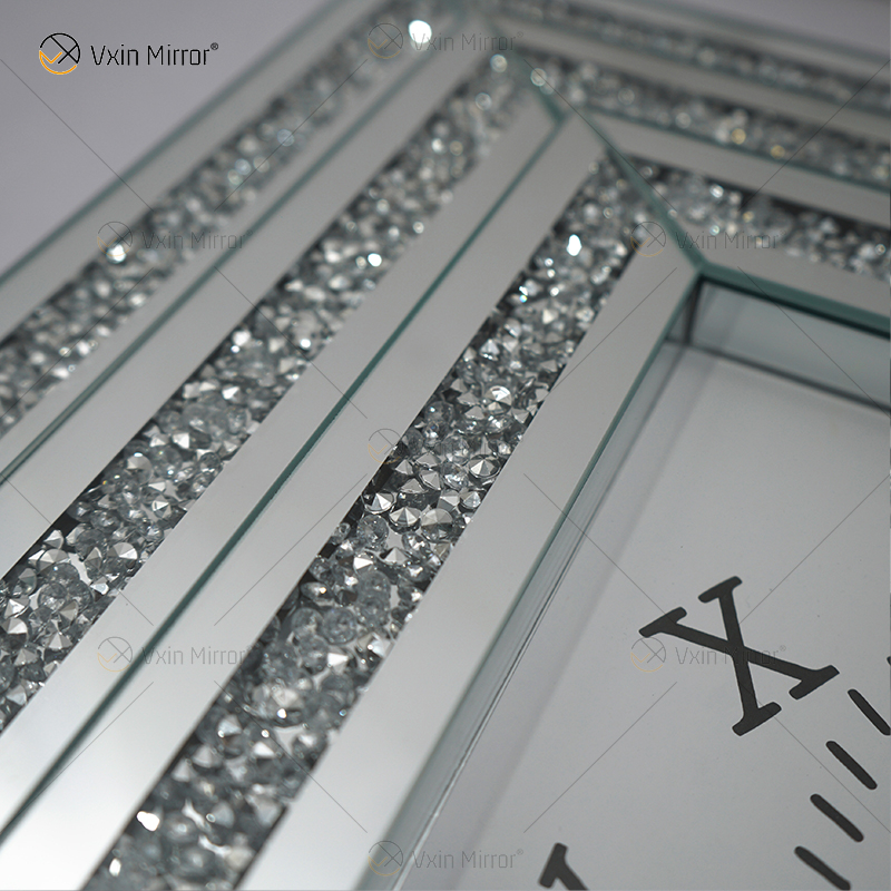 Gran oferta, reloj con espejo, WXMC-078, diamante triturado, decoración de pared plateada, reloj cuadrado elegante