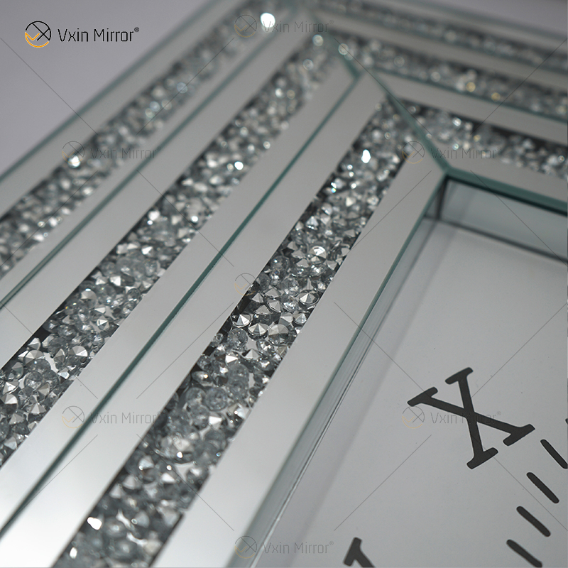 Gran oferta, reloj con espejo, WXMC-078, diamante triturado, decoración de pared plateada, reloj cuadrado elegante