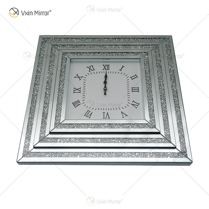 Gran oferta, reloj con espejo, WXMC-078, diamante triturado, decoración de pared plateada, reloj cuadrado elegante