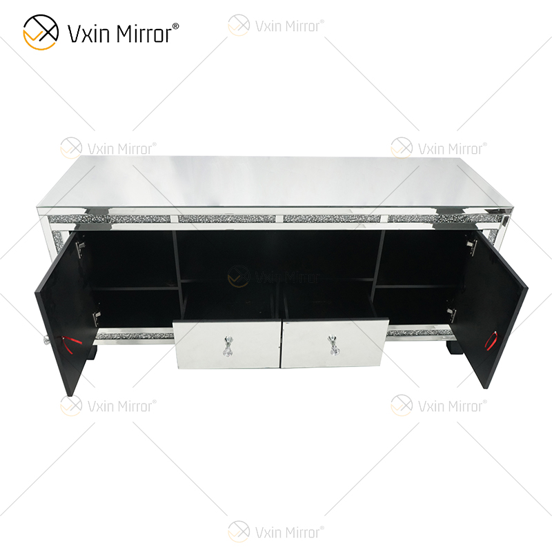 Muebles de espejo Vxin, gabinete de TV de plata con diamantes aplastados, soportes de TV con espejo y 2 cajones