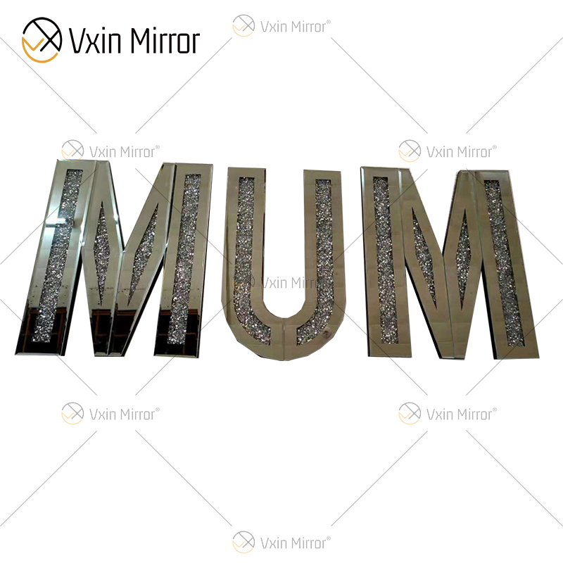 Espejo de diamantes de cristal triturado plateado con letras para colgar en la pared, espejo de decoración de amor con espejo de Navidad, arte de pared para muebles de sofá
