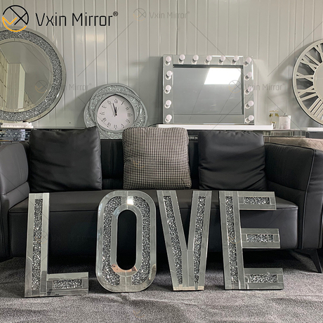 Espejo de diamantes de cristal triturado plateado con letras para colgar en la pared, espejo de decoración de amor con espejo de Navidad, arte de pared para muebles de sofá