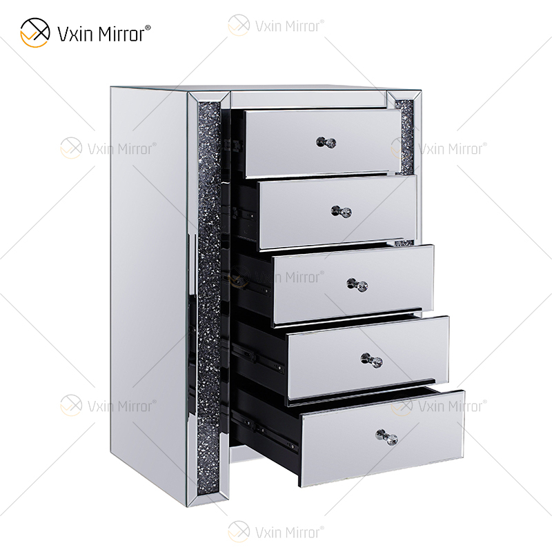 Modern Europe WXF-719 Tollboy de cinco cajones, marco de diamante triturado plateado, mesita de noche con espejo