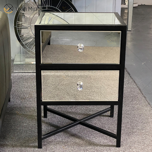 Mesita de noche de muebles de hierro forjado de vidrio plateado moderno de vanidad con 2 cajones mesita de noche con espejo para dormitorio