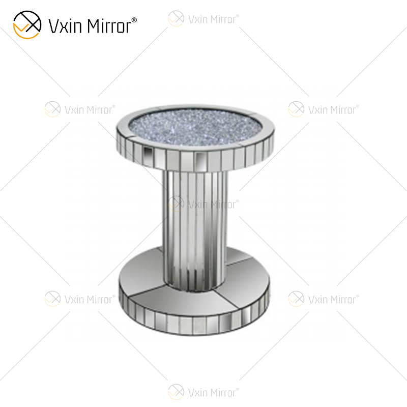 Vxin WXF-270-1 Mesa de centro redonda con espejo de diamante triturado brillante en 3D plateada cubierta con diamantes
