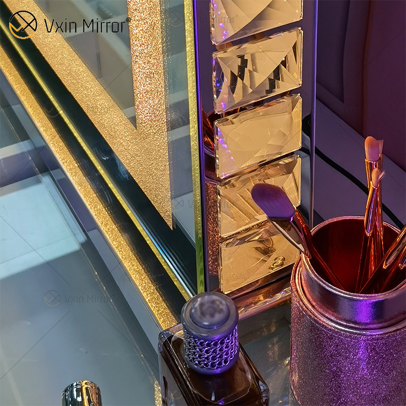 Vanity Hollywood LED con Bluetooth WXDL-1208 Mesa de arena de cristal Espejo de maquillaje de estilo decorativo ovalado para juegos de dormitorio