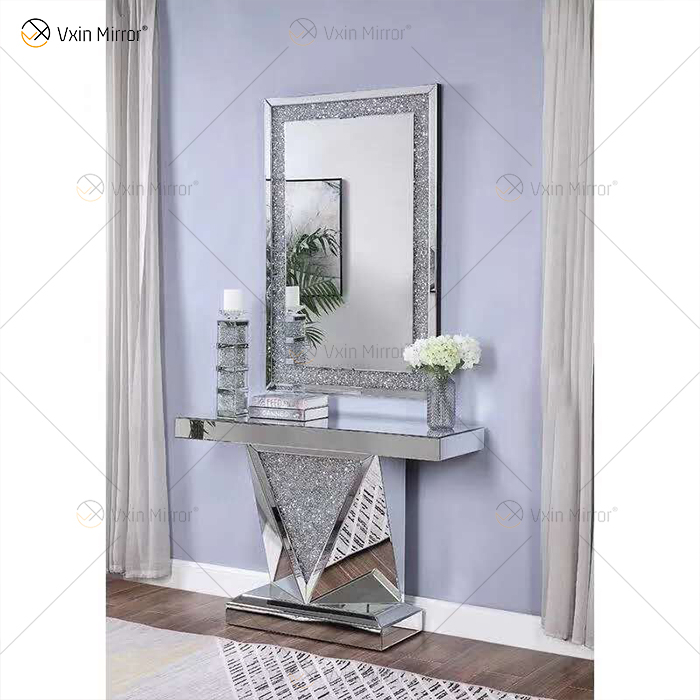 Proveedor de China, moderna y famosa mesa de consola de cristal para sala de estar con diamantes plateados y aplastados