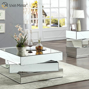 Vxin WXF-2138 Mesa de centro con espejo de geometría de diamante triturado brillante en 3D plateada cubierta con diamantes