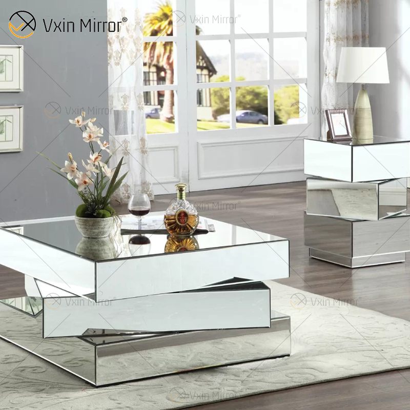 Vxin WXF-2138 Mesa de centro con espejo de geometría de diamante triturado brillante en 3D plateada cubierta con diamantes