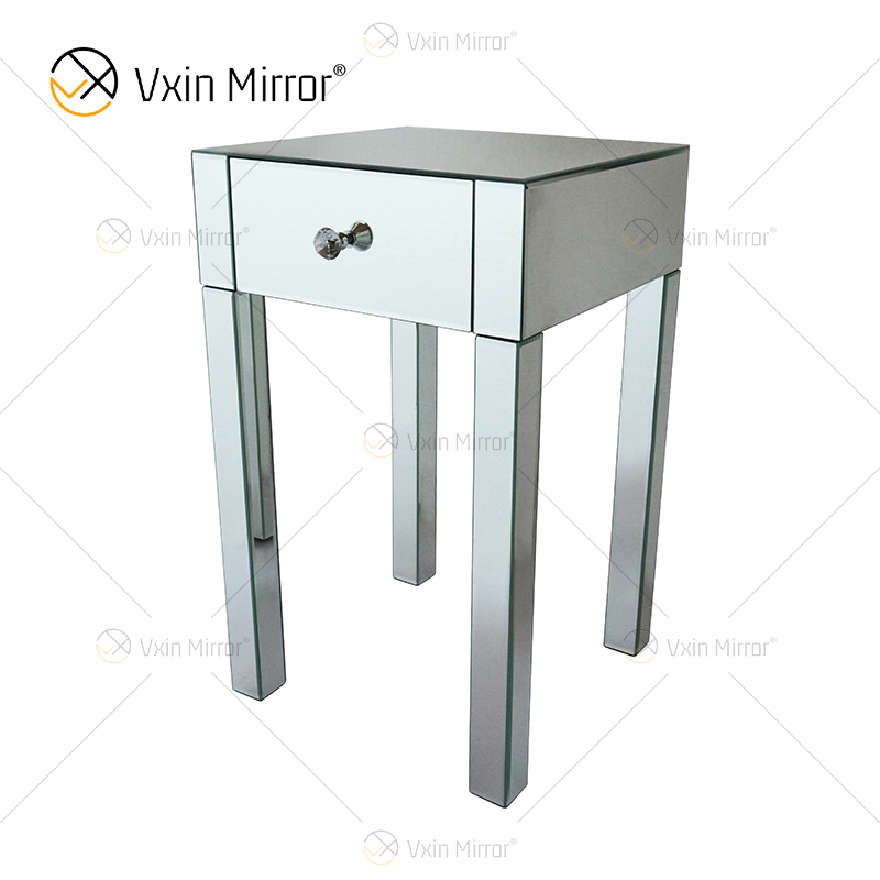 Vanity Modern WXF-046 Muebles de plata Mesita de noche de cristal con 1 cajón Mesita de noche con espejo