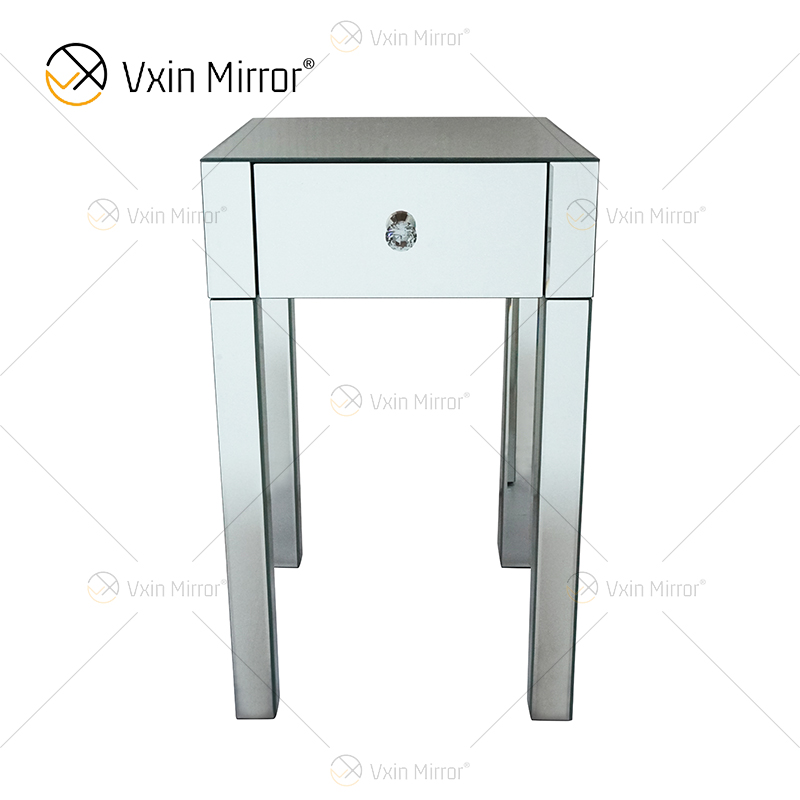 Vanity Modern WXF-046 Muebles de plata Mesita de noche de cristal con 1 cajón Mesita de noche con espejo