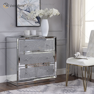 Mesita de noche de plata WXF-1001 de buena calidad con diamantes triturados, decoración moderna, mesita de noche con 3 cajones