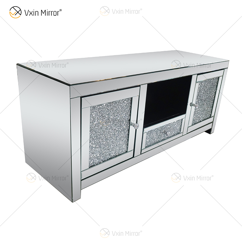 Venta al por mayor WXF-097 Muebles de sala de estar con espejo Diamante triturado Gabinete de plata 2 Cajones Espejo Soportes de TV