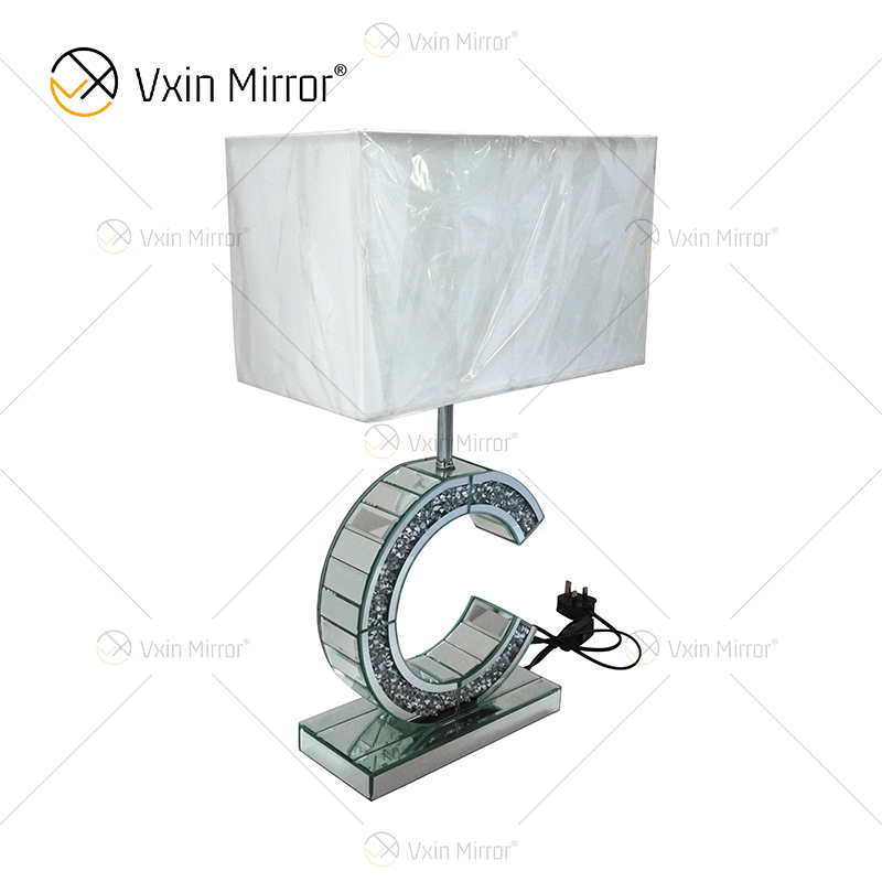 WXTL-02 de estilo moderno, lámpara de mesa en forma de C con espejo de cristal triturado plateado para lámpara de espejo de dormitorio