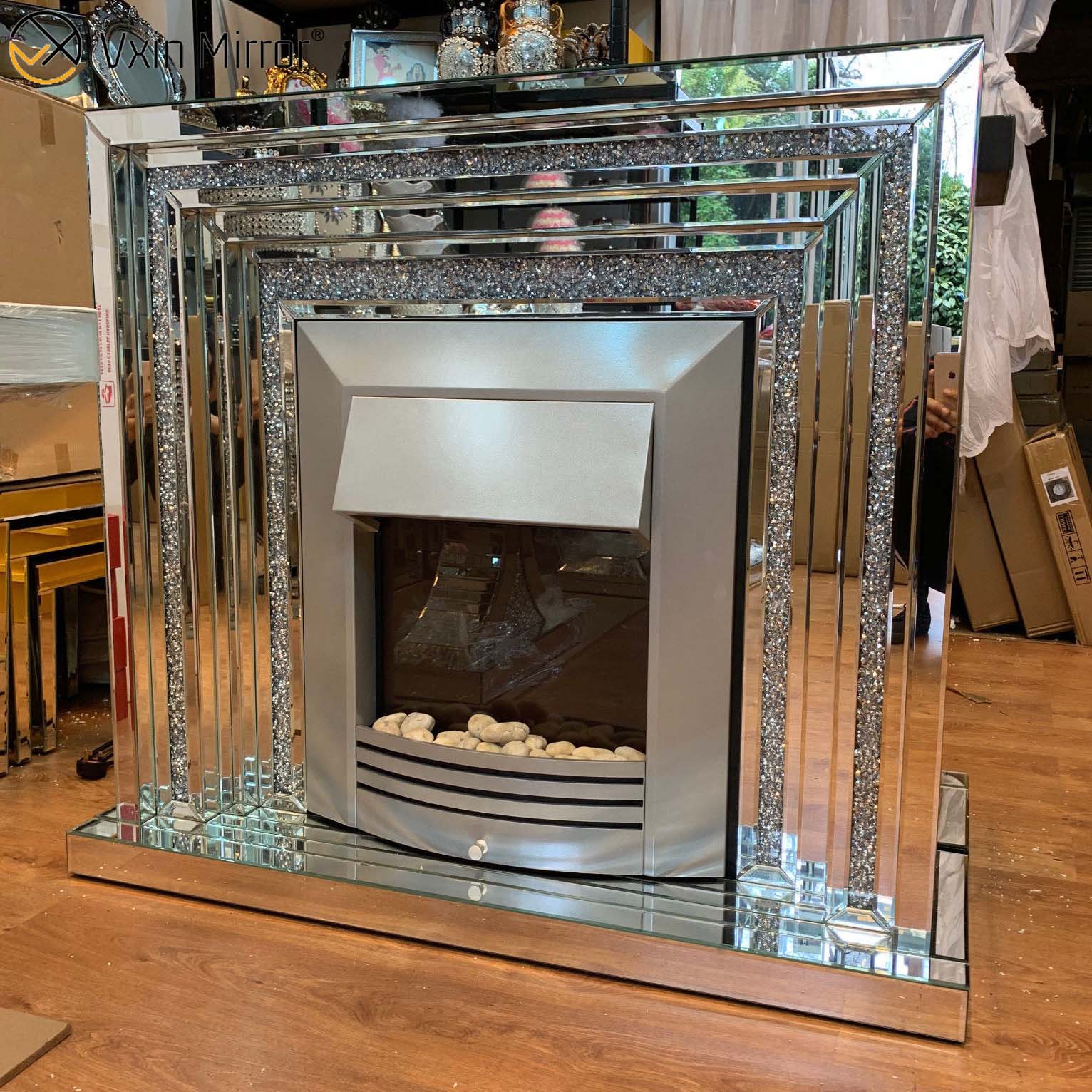 Decoración moderna para el hogar Salón Espejo Chimenea Sparkle Diamond Crush Muebles con espejo Chimenea eléctrica WXWF-044