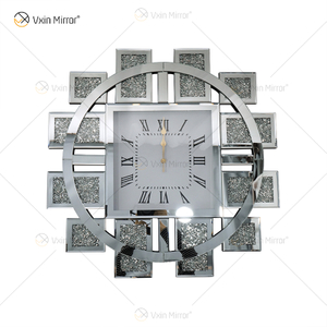 Venta al por mayor WXMC-082 reloj espejado diamante triturado plata decoración de pared elegante reloj de espejo redondo de lujo