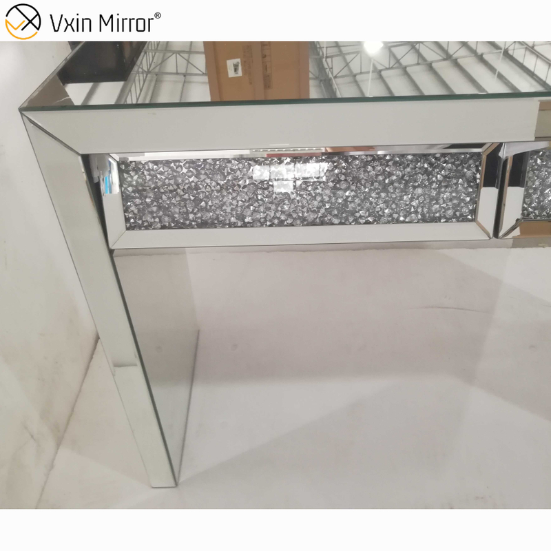Mesa consola con espejo VXin WXWF-710 Mesa auxiliar plateada con bisel de diamante triturado de dos cajones