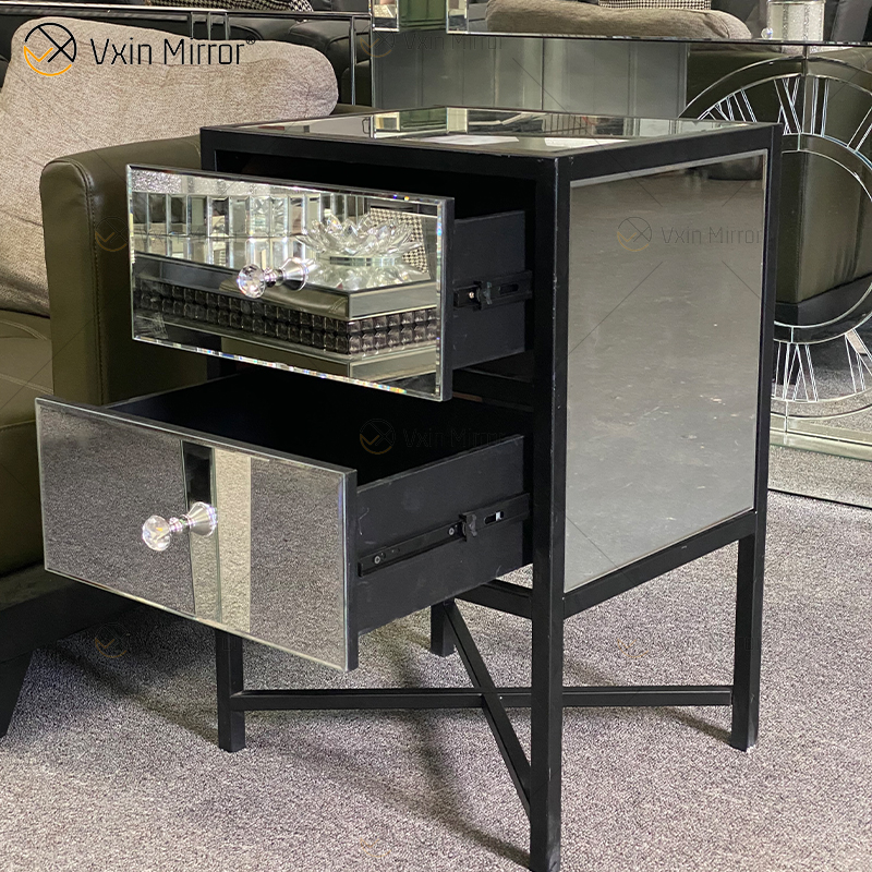 Mesita de noche de muebles de hierro forjado de vidrio plateado moderno de vanidad con 2 cajones mesita de noche con espejo para dormitorio